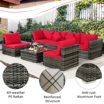 Costway 7PCS Patio Rattan Furniture Set Sectional Sofa Garden Red Cushion 7 Costway 7PCS Patio Rattan Furniture Set Sectional Sofa Garden Red Cushion - Image 7