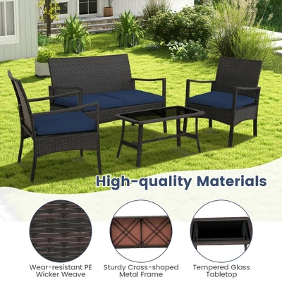 Costway 8PCS Patio Rattan Wicker Furniture Set Cushioned Sofa Armrest Coffee Table Navy 1 Costway 8PCS Patio Rattan Wicker Furniture Set Cushioned Sofa Armrest Coffee Table Navy