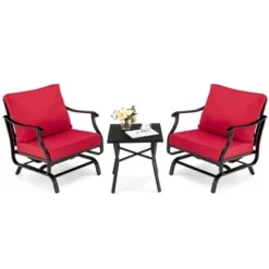 Costway 3PCS Patio Rocking Bistro Set Cushioned Chair Armrest Side Table Red