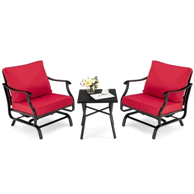 Costway 3PCS Patio Rocking Bistro Set Cushioned Chair Armrest Side Table Red 1 Costway 3PCS Patio Rocking Bistro Set Cushioned Chair Armrest Side Table Red