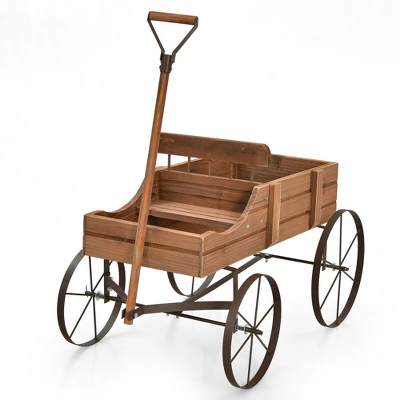 Costway Garden Plant Planter Wooden Wagon Planter W/ Wheel Garden Yard 9 Costway Garden Plant Planter Wooden Wagon Planter W/ Wheel Garden Yard - Image 9