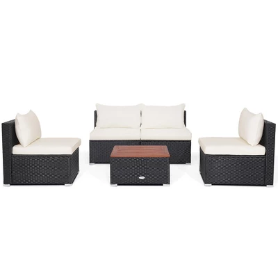 Costway 5PCS Patio Rattan Furniture Set Acacia Wood Table Top Sofa Cushion Deck 9 Costway 5PCS Patio Rattan Furniture Set Acacia Wood Table Top Sofa Cushion Deck - Image 9