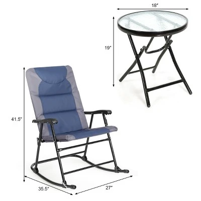 Costway 3PCS Folding Bistro Set Rocking Chair Cushioned Table Garden Blue 1 Costway 3PCS Folding Bistro Set Rocking Chair Cushioned Table Garden Blue