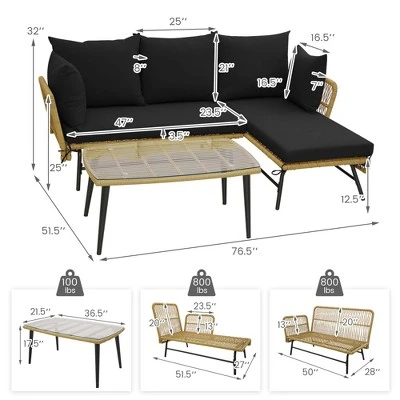 Costway 3 PCS L-Shaped Patio Sofa Set Conversation Furniture With Cushions Deck Garden Black/Beige 2 Costway 3 PCS L-Shaped Patio Sofa Set Conversation Furniture With Cushions Deck Garden Black/Beige - Image 2