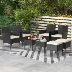 Costway 8PCS Patio Rattan Furniture Set Sofas Ottomans Cushioned Table Free Combination