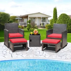 Costway 5PCS Patio Rattan Furniture Set Ottoman Cushioned W/Cover Space Saving Off White/Gray/Red/Turquoise -Costway GUEST 93178b13 0b81 4e38 94a8 f1ee7078a2b0