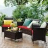 Costway 4PCS Patio Furniture Set Rattan Conversation Set W/ Tempered Glass Coffee Table Cushion Red