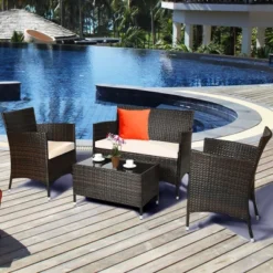 Costway 4PCS Patio Wicker Furniture Set Sofa Chair With Brown & Grey Cushion Covers Garden