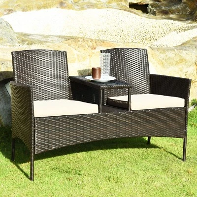 Costway Patented Patio Rattan Chat Set Loveseat Sofa Table Chairs Conversation Cushioned 2 Costway Patented Patio Rattan Chat Set Loveseat Sofa Table Chairs Conversation Cushioned - Image 2