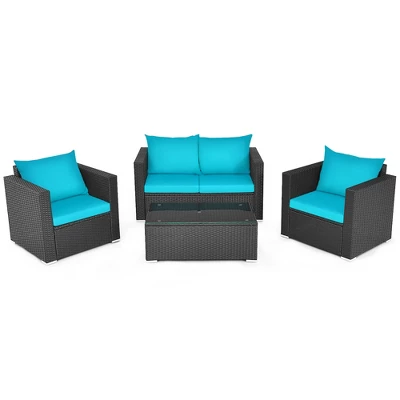 Costway 4PCS Patio Rattan Cushioned Sofa Chair Coffee Table Turquoise 1 Costway 4PCS Patio Rattan Cushioned Sofa Chair Coffee Table Turquoise