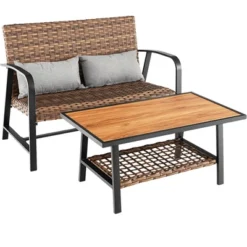 Costway 2 PCS Patio Rattan Loveseat Coffee Table Set Padded Back & Seat Pillow W/Shelf -Costway GUEST 959562f3 1bea 47c2 9274 a8ed46986500