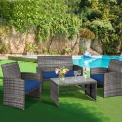 Costway 4PCS Patio Rattan Furniture Set Conversation Glass Table Top Cushioned TurquoiseRed -Costway GUEST 95a3f9dc 74ca 495e 9349 afc325a6400d