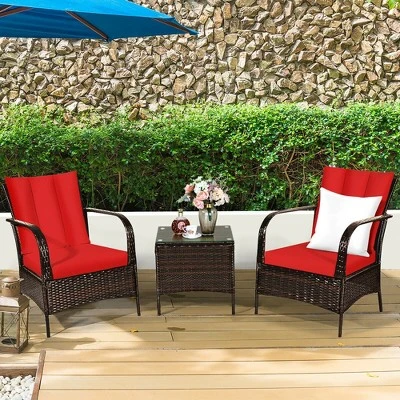 Costway 3 PCS Patio Rattan Furniture Set Coffee Table & 2 Rattan Chair W/Red Cushions 3 Costway 3 PCS Patio Rattan Furniture Set Coffee Table & 2 Rattan Chair W/Red Cushions - Image 3