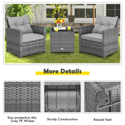 Costway 3PCS Patio Rattan Furniture Bistro Set Cushioned Sofas Side Table Armrest Grey 8 Costway 3PCS Patio Rattan Furniture Bistro Set Cushioned Sofas Side Table Armrest Grey - Image 8