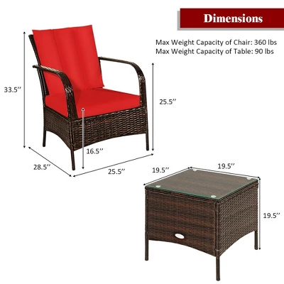 Costway 3 PCS Patio Rattan Furniture Set Coffee Table & 2 Rattan Chair W/Red Cushions 2 Costway 3 PCS Patio Rattan Furniture Set Coffee Table & 2 Rattan Chair W/Red Cushions - Image 2