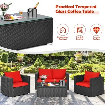 Costway 4PCS Patio Rattan Furniture Set Cushioned Sofa Chair Coffee Table Garden Red 5 Costway 4PCS Patio Rattan Furniture Set Cushioned Sofa Chair Coffee Table Garden Red - Image 5