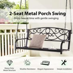 Costway Outdoor 2-Person Metal Porch Swing Hanging Patio Bench 485 Lbs Capacity BlackBrown -Costway GUEST 987c87f9 4532 434f 851f 8bd85eef488d