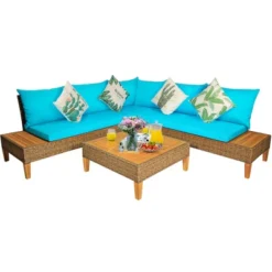 Costway 4PCS Patio Rattan Furniture Set Loveseat W/Wooden Side Table Cushioned Turquoise