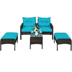 Costway 5 PCS Patio Rattan Furniture Set Sofa Ottoman Table Cushioned Turquoise -Costway GUEST 98f48772 576d 4559 9322 42cfe6c18838