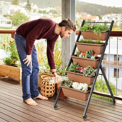 Costway 5-Tier Vertical Raised Garden Bed Elevated Planter With Wheels & Container Boxes Brown 3 Costway 5-Tier Vertical Raised Garden Bed Elevated Planter With Wheels & Container Boxes Brown - Image 3