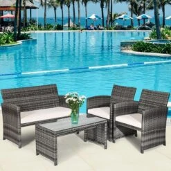 Costway 8PC Patio Rattan Furniture Set Glass Table Top Cushioned Sofa TurquoiseRed -Costway GUEST 99443ee4 1db4 460c 806c 06018f8088f0