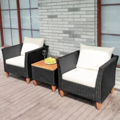 Costway 3 PCS Outdoor Patio Rattan Bistro Furniture Set Wooden Table Top Cushioned Sofa Black Brown -Costway GUEST 9989c3fe e650 4e2b a810 3c55071d696a