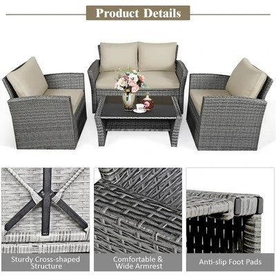Costway 4PCS Patio Rattan Furniture Set Sofa Table Storage Shelf Cushion 8 Costway 4PCS Patio Rattan Furniture Set Sofa Table Storage Shelf Cushion - Image 8