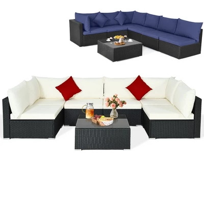 Costway 7PCS Patio Rattan Furniture Set Sectional Sofas Off White & Navy Cushion Covers 7 Costway 7PCS Patio Rattan Furniture Set Sectional Sofas Off White & Navy Cushion Covers - Image 7