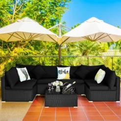 Costway 7PCS Patio Rattan Furniture Set Sectional Sofas Off White & Black Cushion Covers