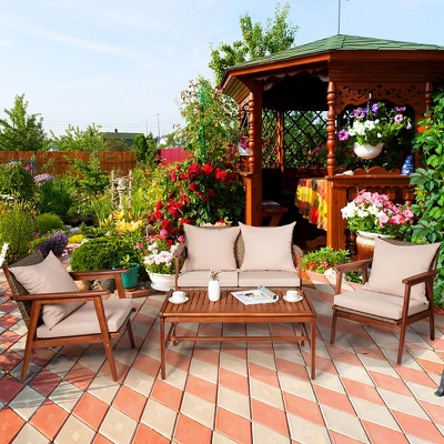 Costway 4PCS Patio Rattan Furniture Set Acacia Wood Frame Cushioned Sofa Chair Garden 3 Costway 4PCS Patio Rattan Furniture Set Acacia Wood Frame Cushioned Sofa Chair Garden - Image 3