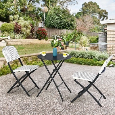 Costway 3PCS Patio Rattan Bistro Set Folding Table Chairs Garden Deck 1 Costway 3PCS Patio Rattan Bistro Set Folding Table Chairs Garden Deck