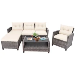 Costway 4PCS Patio Rattan Furniture Set Sofa Ottoman Cushion Garden Deck White/Gray