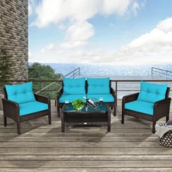 Costway 4PCS Patio Rattan Furniture Set Loveseat Sofa Coffee Table W/Turquoise Cushion -Costway GUEST 9c29ed97 3db2 4f70 a148 4253dd26f44c