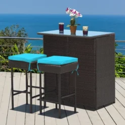 Costway 3PCS Patio Rattan Wicker Bar Table Stools Dining Set Cushioned Chairs Turquoise -Costway GUEST 9c46f90e 17a4 4a49 a16f 957358faec8e