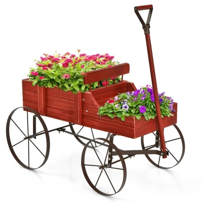 Costway Garden Plant Planter Wooden Wagon Planter W/ Wheel Garden Yard 12 Costway Garden Plant Planter Wooden Wagon Planter W/ Wheel Garden Yard - Image 12