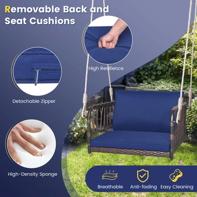 Costway Porch Swing Chair Rattan Woven Hanging Bench Seat With Cushions Hooks Balcony Navy 6 Costway Porch Swing Chair Rattan Woven Hanging Bench Seat With Cushions Hooks Balcony Navy - Image 6