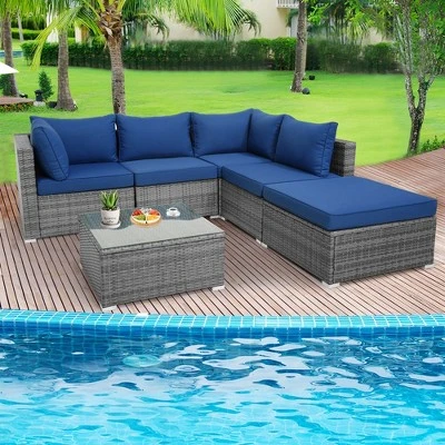 Costway 6PCS Patio Wicker Furniture Set Cushioned Sectional Sofa Coffee Table Navy Deck 1 Costway 6PCS Patio Wicker Furniture Set Cushioned Sectional Sofa Coffee Table Navy Deck