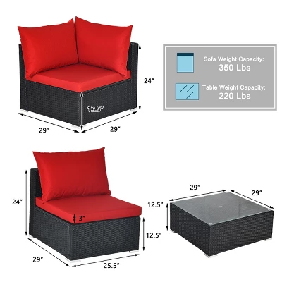 Costway 7PCS Rattan Patio Conversation Set Sectional Furniture Set W/ Red Cushion 2 Costway 7PCS Rattan Patio Conversation Set Sectional Furniture Set W/ Red Cushion - Image 2