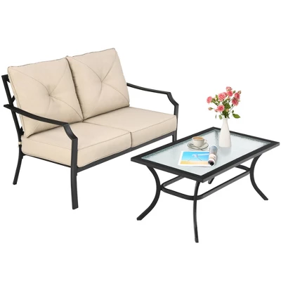Costway 2 PCS Patio Loveseat With Coffee Table Outdoor Sofa Bench With Cushions 2 Costway 2 PCS Patio Loveseat With Coffee Table Outdoor Sofa Bench With Cushions - Image 2