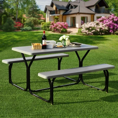 Costway Picnic Table Bench Set Outdoor Camping Backyard Garden Patio Party All Weather Gray/Green 1 Costway Picnic Table Bench Set Outdoor Camping Backyard Garden Patio Party All Weather Gray/Green