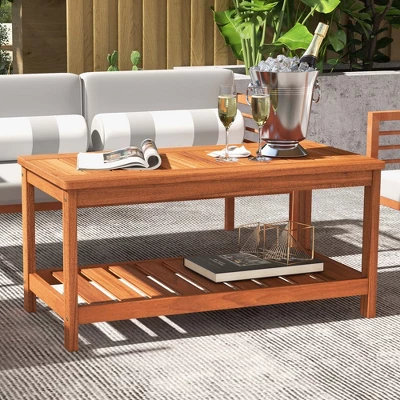 Costway Patio Coffee Table 2-Tier Outdoor Side Rectangle Side Table Solid Wood Porch 2 Costway Patio Coffee Table 2-Tier Outdoor Side Rectangle Side Table Solid Wood Porch - Image 2