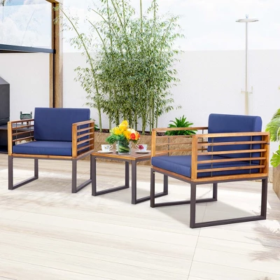 Costway 3pcs Patio Acacia Wood Bistro Conversation Cushioned Chair & Table Set Outdoor 3 Costway 3pcs Patio Acacia Wood Bistro Conversation Cushioned Chair & Table Set Outdoor - Image 3