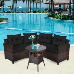 Costway 4PCS Outdoor Patio Rattan Furniture Set Cushioned Sofa Table TurquoiseBlackNavyRed