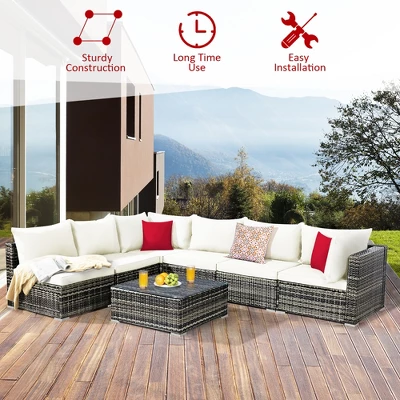 Costway 7PCS Patio Rattan Furniture Set Sectional Sofa Garden White Cushion 4 Costway 7PCS Patio Rattan Furniture Set Sectional Sofa Garden White Cushion - Image 4