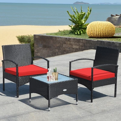 Costway 3 PCS Patio Wicker Rattan Furniture Set Coffee Table & 2 Rattan Chair W/Cushion 9 Costway 3 PCS Patio Wicker Rattan Furniture Set Coffee Table & 2 Rattan Chair W/Cushion - Image 9