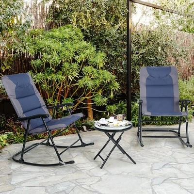 Costway 3PCS Folding Bistro Set Rocking Chair Cushioned Table Garden Blue 4 Costway 3PCS Folding Bistro Set Rocking Chair Cushioned Table Garden Blue - Image 4