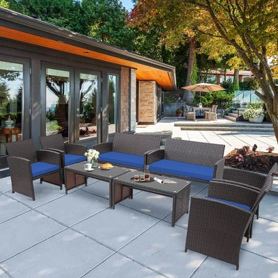 Costway 8PCS Patio Rattan Furniture Set Cushioned Chair Sofa Coffee Table WhiteNavyTurquoiseRed 12 Costway 8PCS Patio Rattan Furniture Set Cushioned Chair Sofa Coffee Table WhiteNavyTurquoiseRed - Image 12