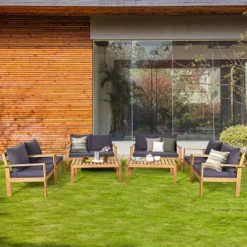 Costway 8PCS Patio Furniture Set Acacia Wood Thick Cushion Loveseat Sofa Off WhiteTurquoiseGrey -Costway GUEST a25ee807 3cb0 461c aca3 c3312f50e90f