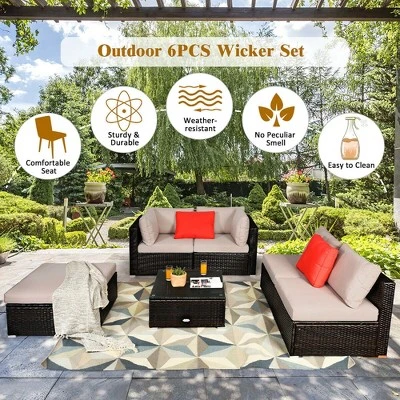 Costway 6PCS Outdoor Patio Rattan Furniture Set Cushioned Sectional Sofa Table Ottoman 6 Costway 6PCS Outdoor Patio Rattan Furniture Set Cushioned Sectional Sofa Table Ottoman - Image 6
