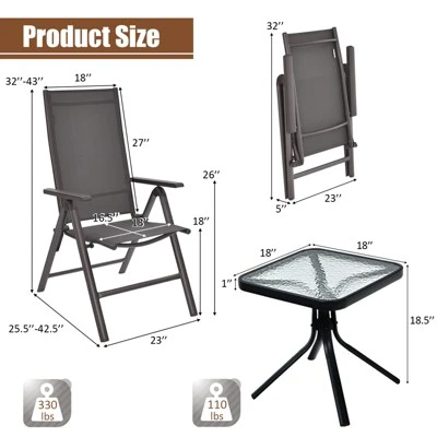 Costway 3PCS Bistro Set Folding Adjustable Chairs Square Glass Table Garden 3 Costway 3PCS Bistro Set Folding Adjustable Chairs Square Glass Table Garden - Image 3